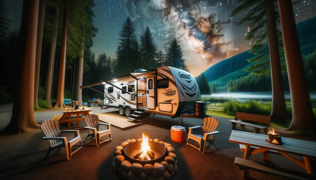Photo of a Coleman Lantern LT 17B RV parked in a scenic campsite, with a campfire and chairs set up outside under a starry night.